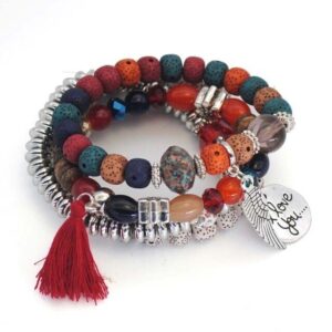 a stack of colorful bracelets